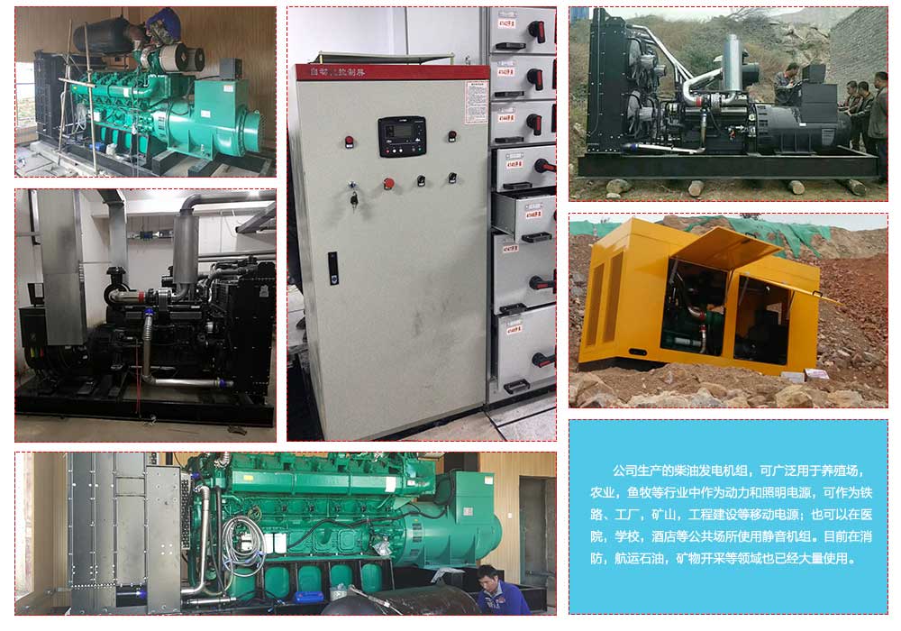        公司生產(chǎn)的柴油發(fā)電機(jī)組，可廣泛用于養(yǎng)殖場，農(nóng)業(yè)，魚牧等行業(yè)中作為動力和照明電源，可作為鐵路、工廠，礦山，工程建設(shè)等移動電源；也可以在醫(yī)院，學(xué)校，酒店等公共場所使用靜音機(jī)組。目前在消防，航運(yùn)石油，礦物開采等領(lǐng)域也已經(jīng)大量使用。